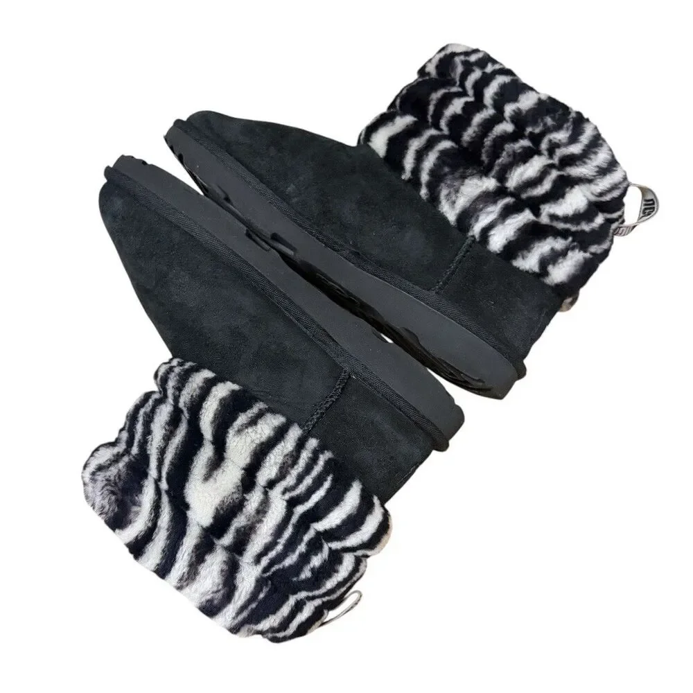 UGG Big Kids Sz 2 Fluff Mini Quilted Zebra Black White Suede Fur Boots